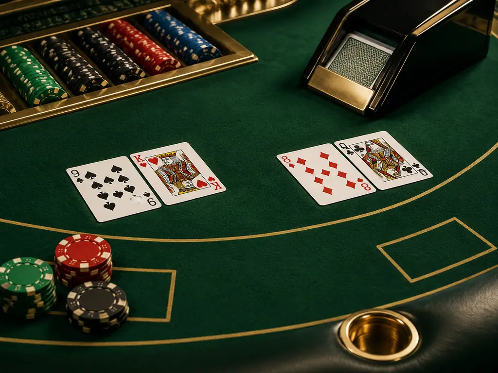 Meja baccarat hijau dengan dua tangan kartu dan shoe