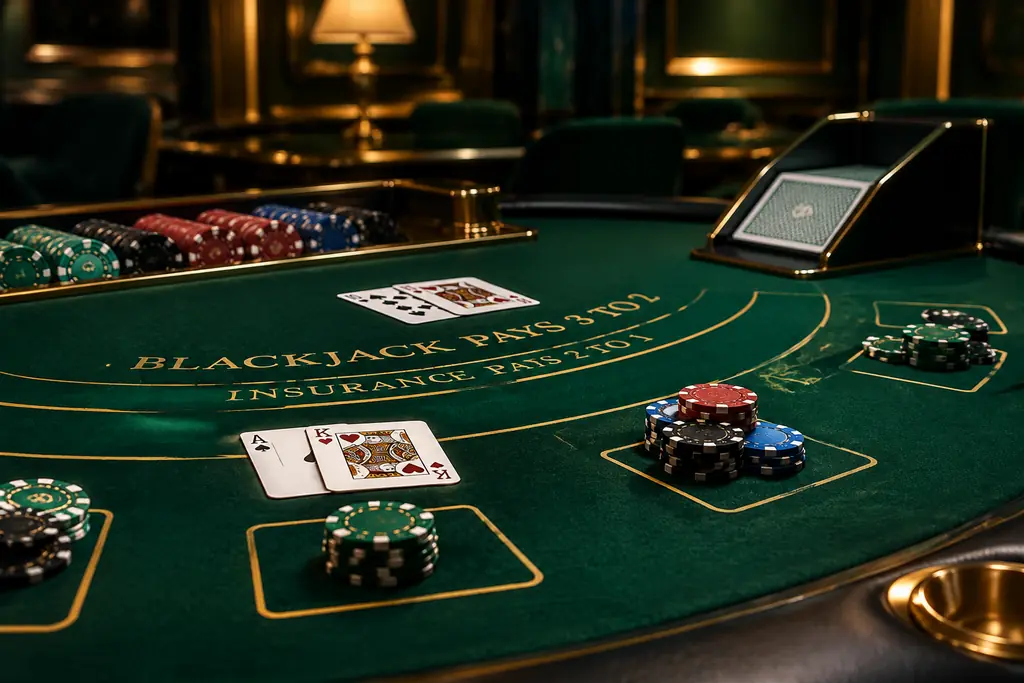 Meja blackjack kasino dengan kartu, shoe, dan tumpukan chip