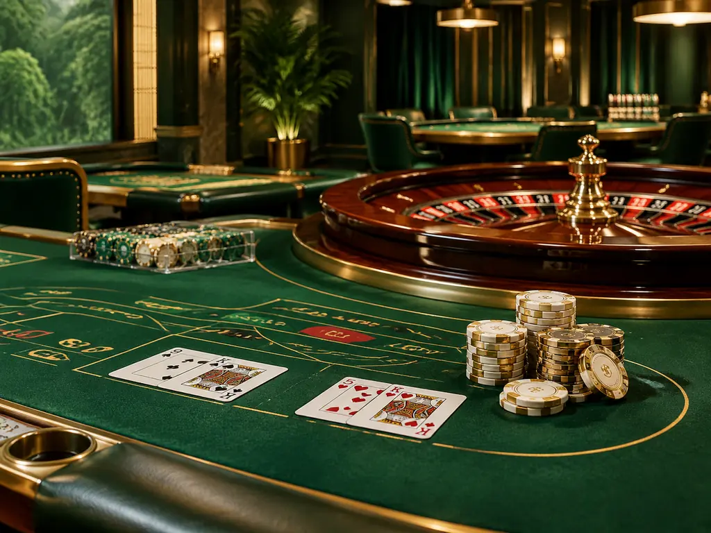 Meja kartu, roda roulette, dan chip di ruang kasino berwarna hijau
