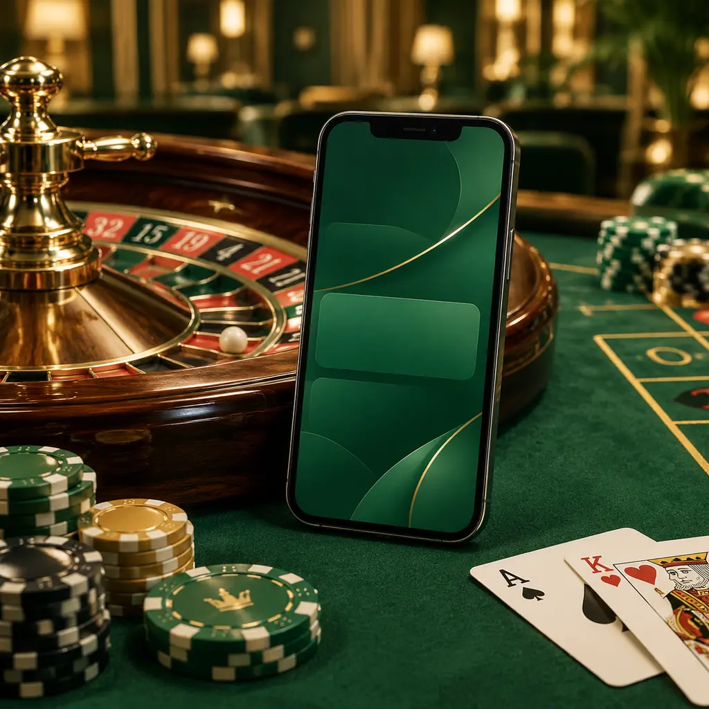 Ponsel dengan tampilan kartu abstrak di samping meja roulette kasino