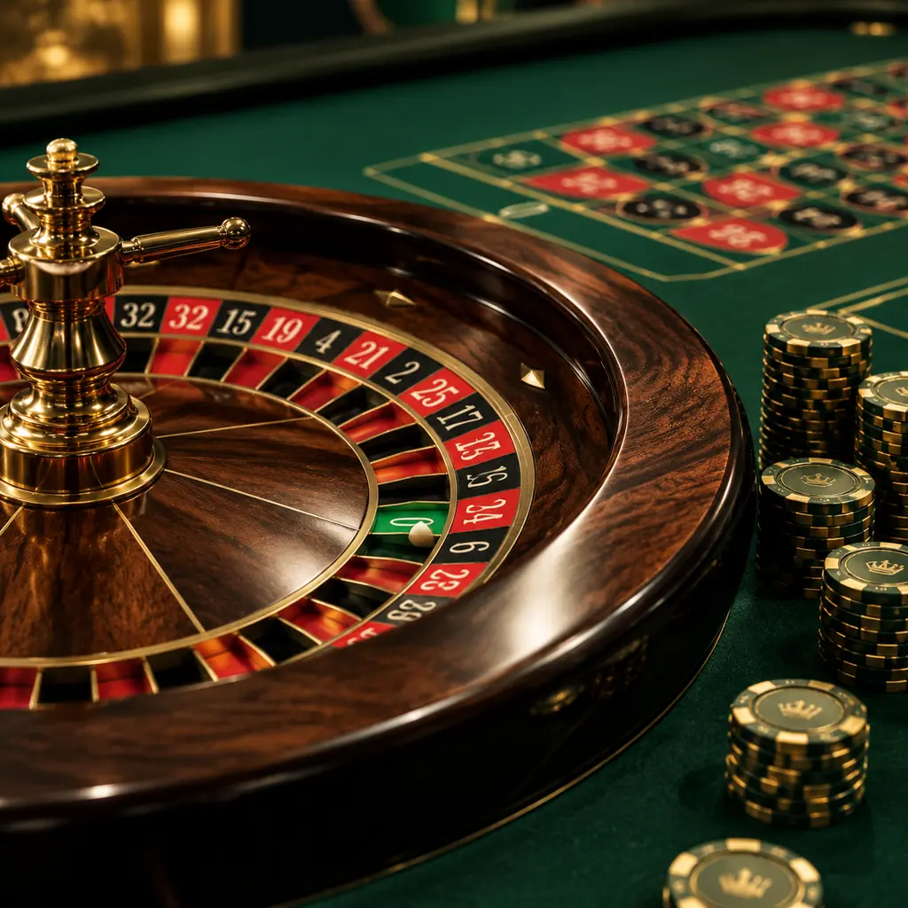 Roda roulette satu nol dan chip di atas kain hijau kasino