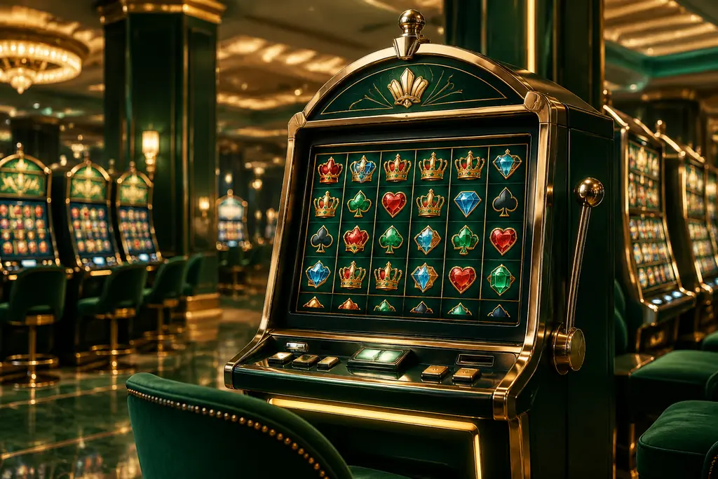 Mesin slot kasino dengan simbol permata dan mahkota tanpa tulisan