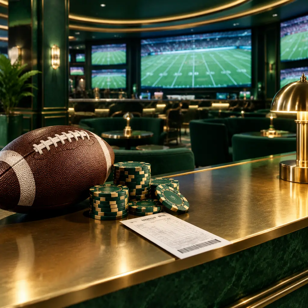 Ruang sportsbook kasino dengan layar lapangan sepak bola dan perangkat pencatat
